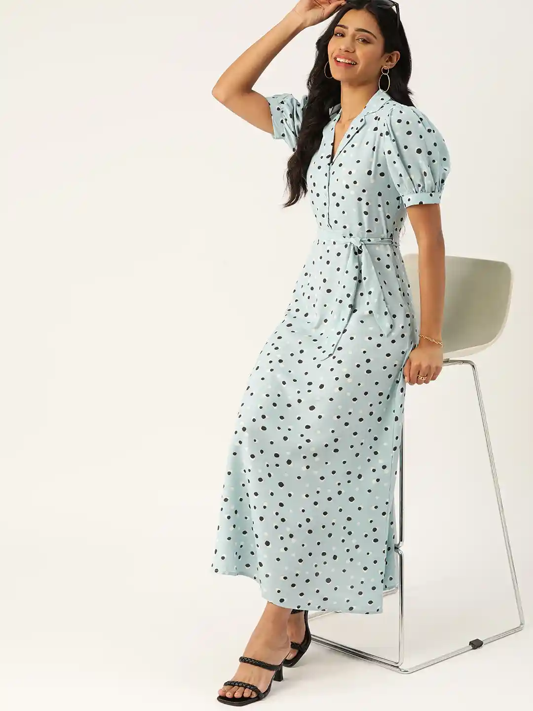 DressBerry Blue Black Polka Dots Print Maxi Shirt Dress