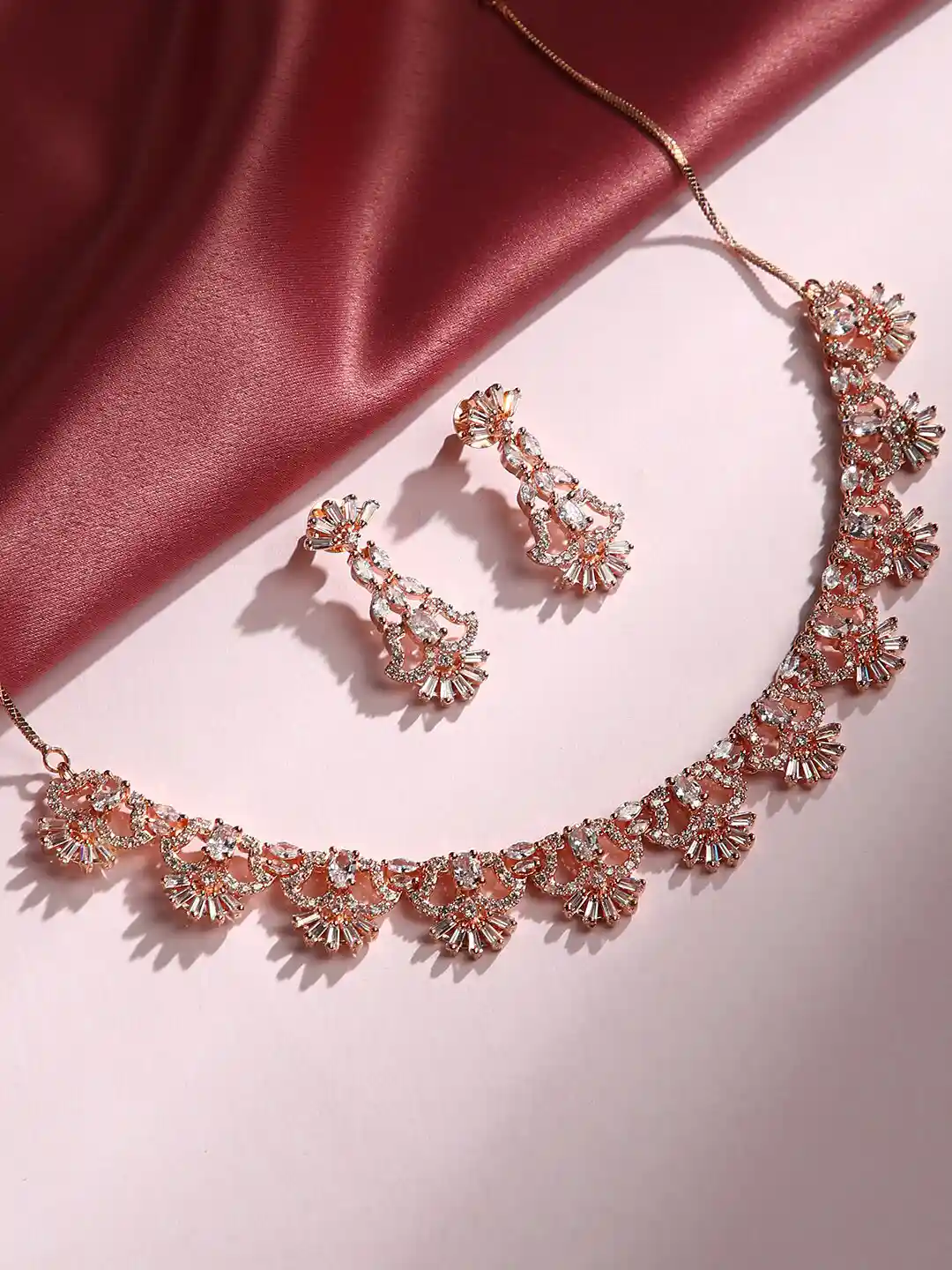 justpeachy Gold-Plated Rose Gold-Toned White AD-Studded Jewellery Set