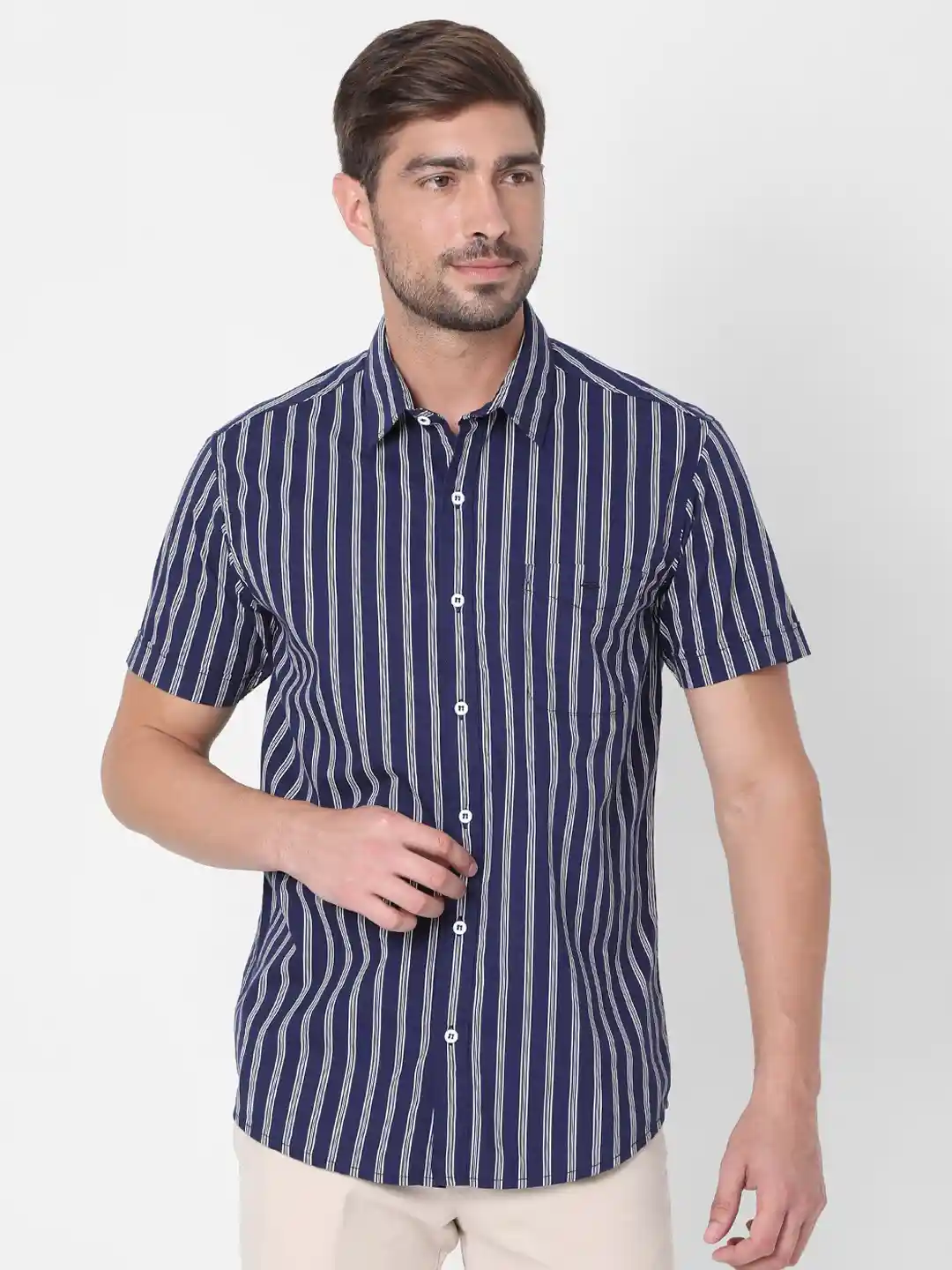 Buy Mufti Men Navy Blue Slim Fit Striped Cotton Casual Shirt