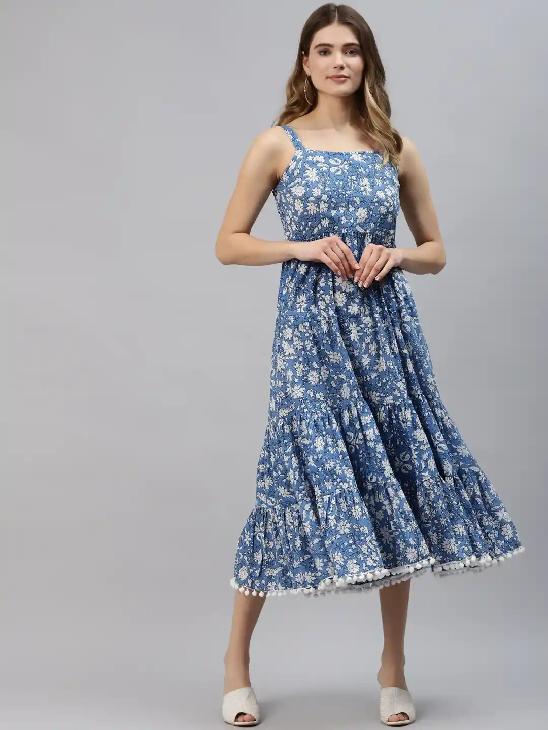 Divena Blue White Ethnic Motifs Ethnic Midi Trapeze Dress