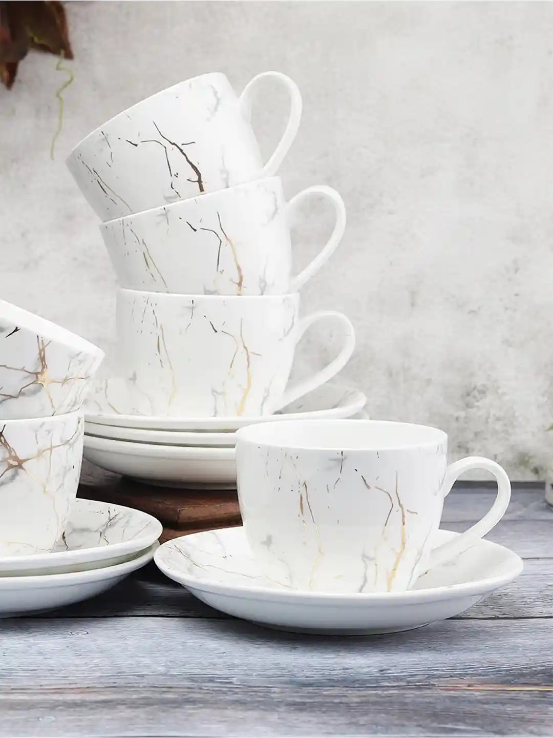 Buy CLAY CRAFT White Set Of Printed Ceramic Cups Saucers Tea