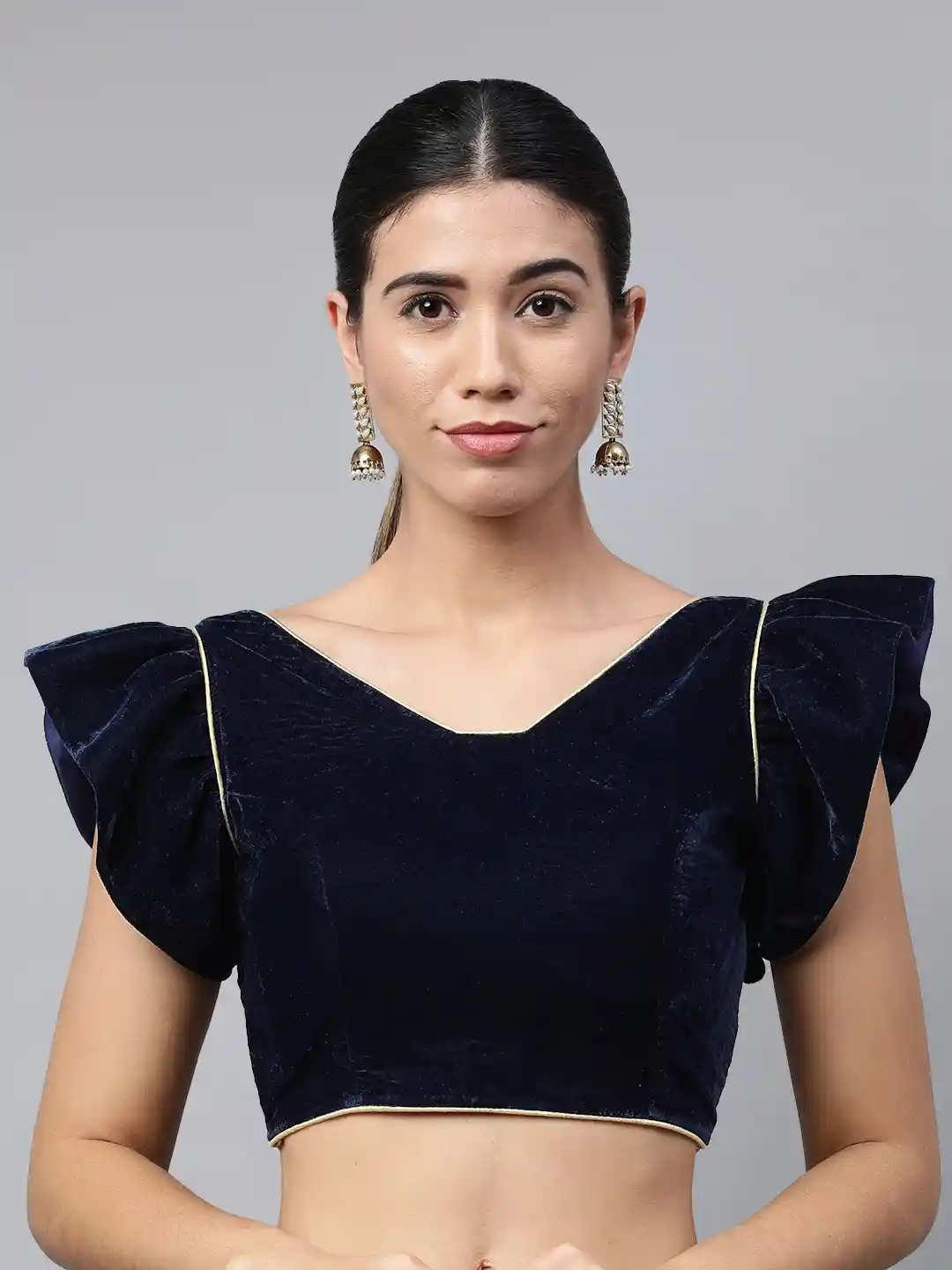 flaher Women Navy Blue Solid Velvet Backless Ready Made Padded Blouse