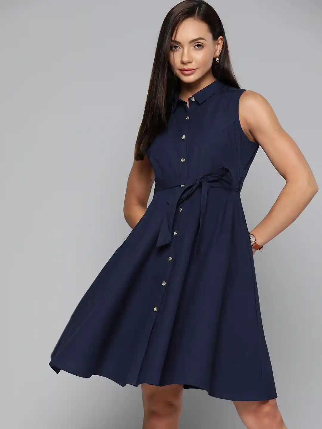 Buy Chemistry Women Navy Blue Pure Cotton A-Line Dress with a Belt
