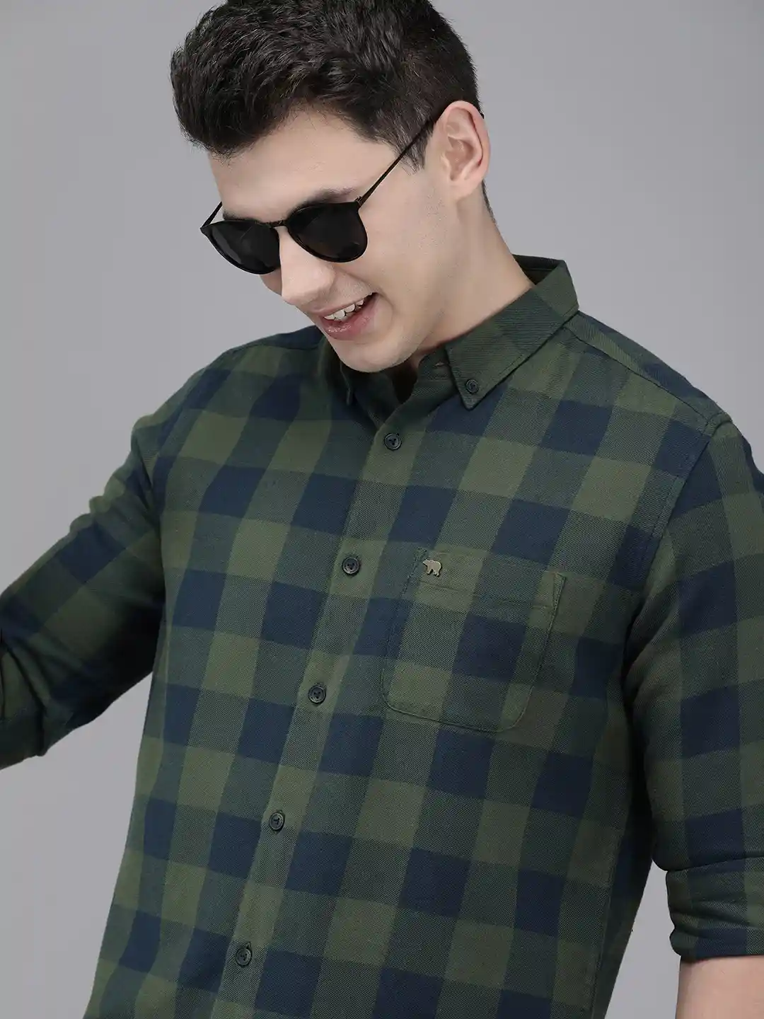 Buy THE BEAR HOUSE Men Olive Green Navy Blue Pure Cotton Slim