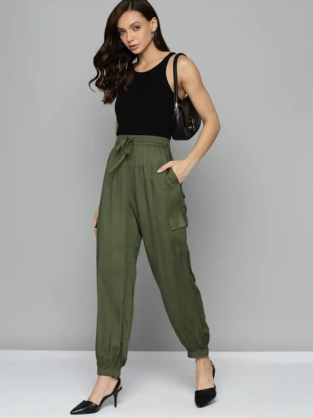Buy Chemistry Women Olive Green Solid High-Rise Pleated Cargos