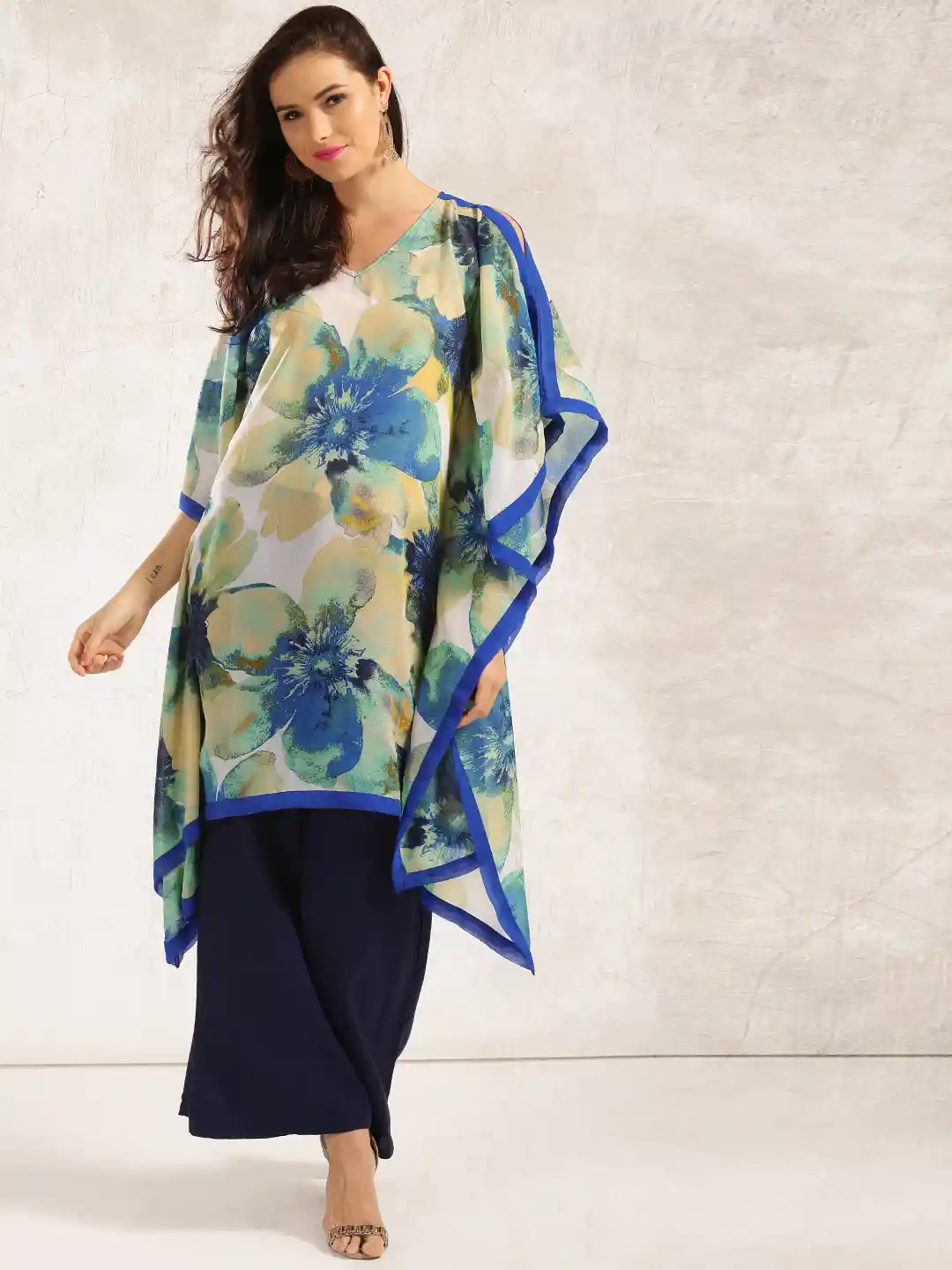 Buy Anouk Women Blue Green Printed Sheer Cold-Shoulder Kaftan