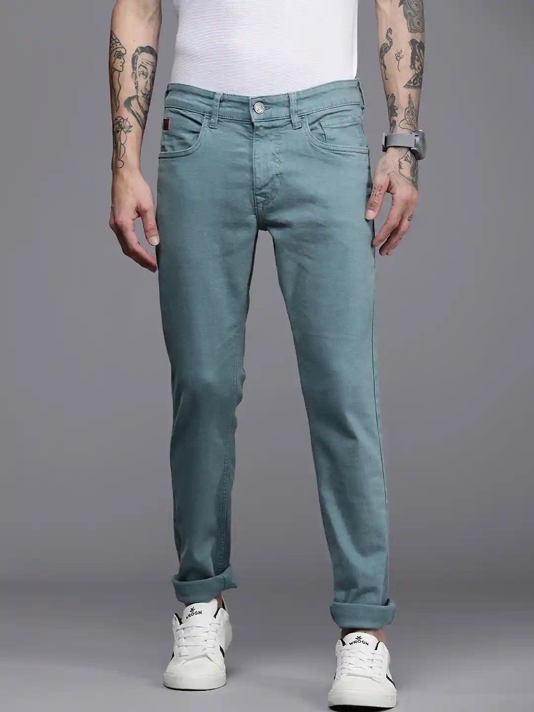 WROGN Men Teal Green Slim Fit Mid Rise Stretchable Jeans - Main Image