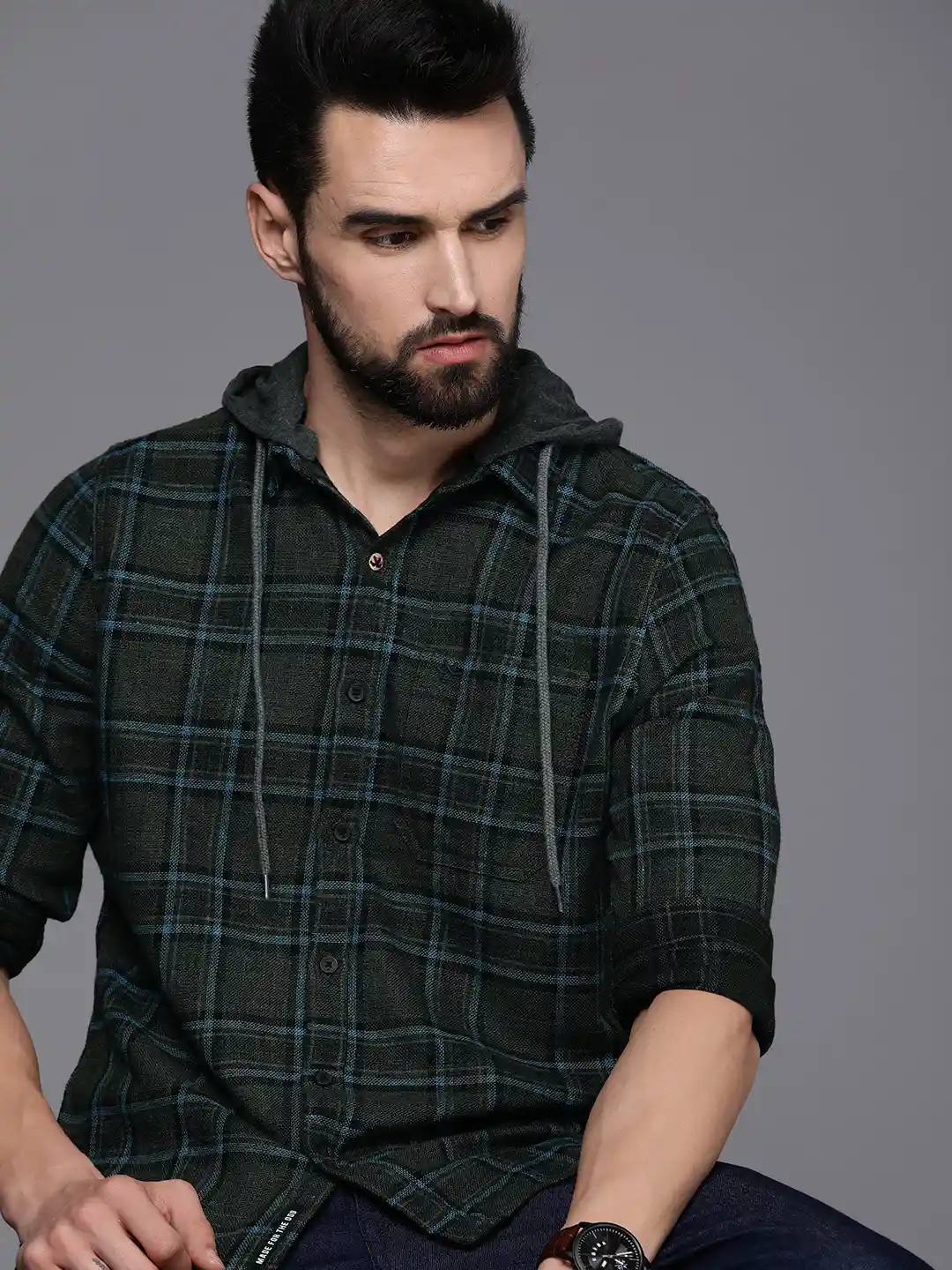 Buy WROGN Men Olive Green Charcoal Grey Slim Fit Checked Casual