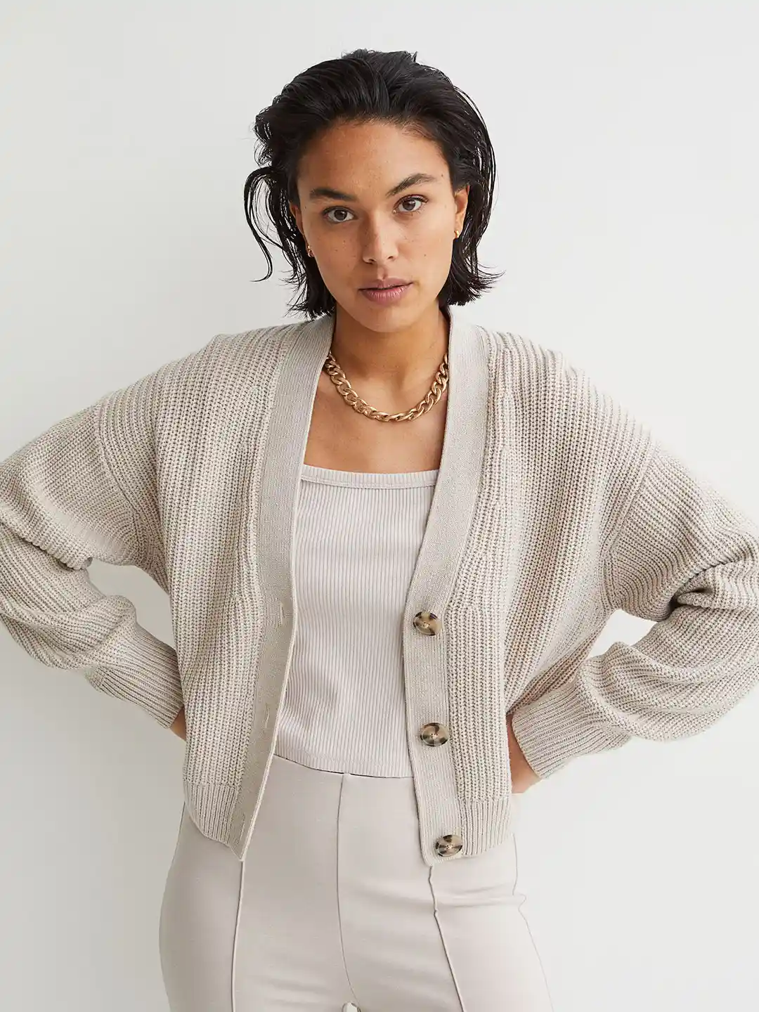 Buy H&M Women Beige Rib-Knit Cardigan Sweaters for Women - Main Image