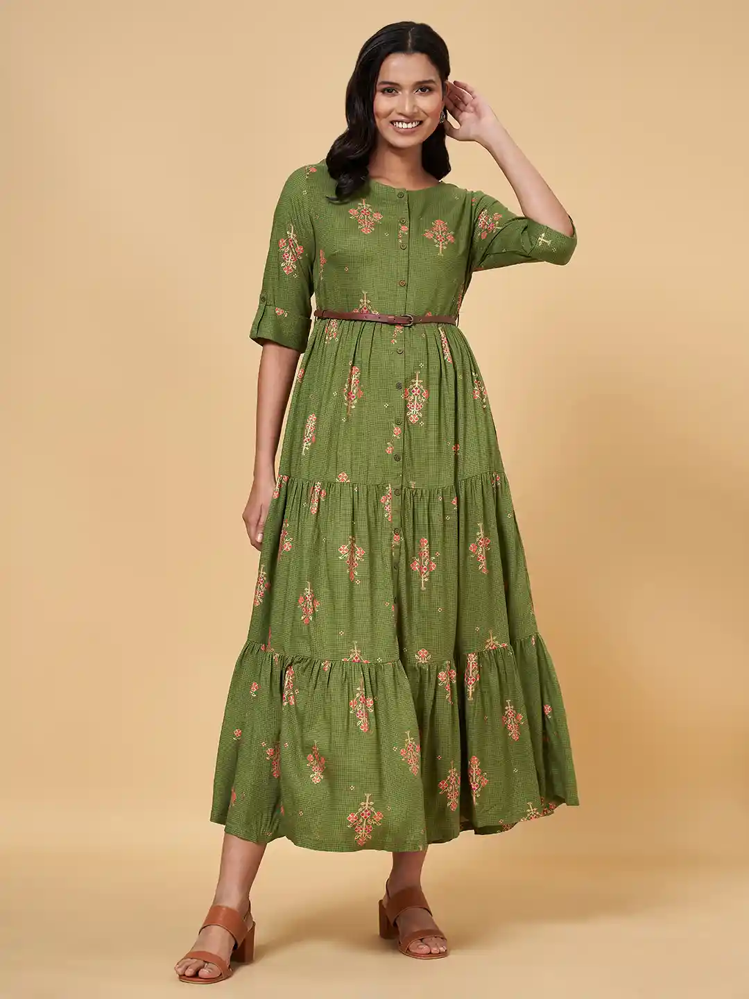 Buy AKKRITI BY PANTALOONS Green Pink Floral A-Line Maxi Dress