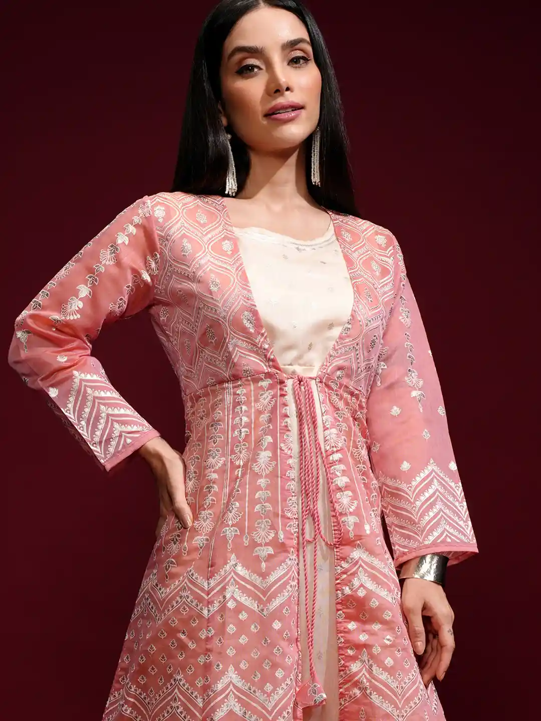 Buy Vishudh Peach-Coloured Ethnic Motifs Layered Ethnic Maxi Dress