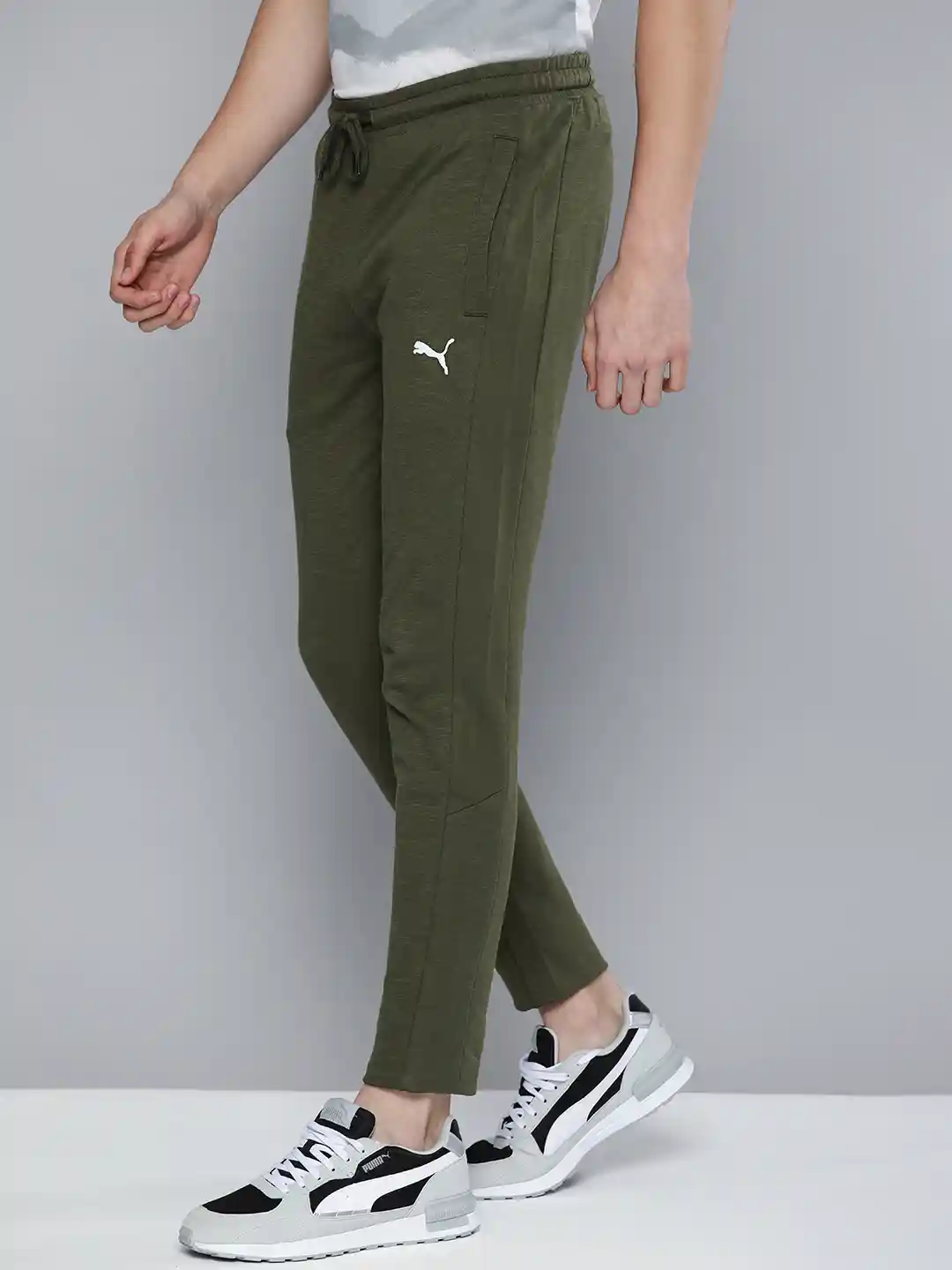 Track Pants Green Puma Joggers Puma Men Olive Green Solid Slub Pure Cotton  Slim Fit Training