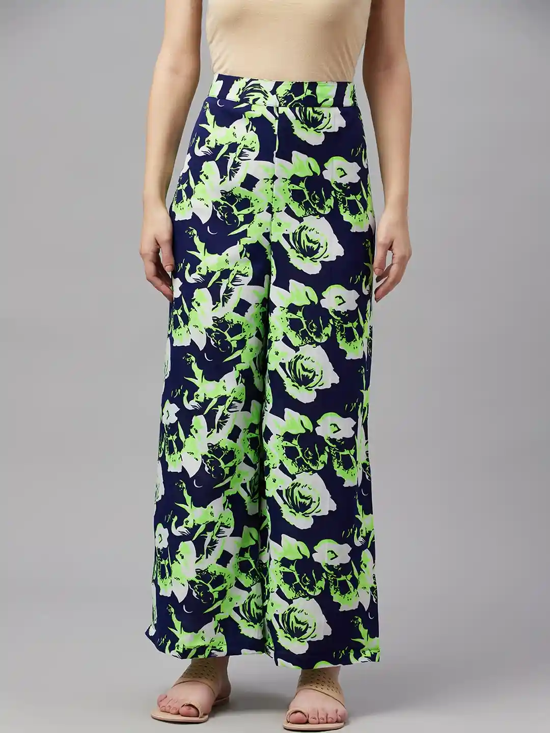 Buy MBE Women Green White Floral Print Crepe Palazzos Palazzos