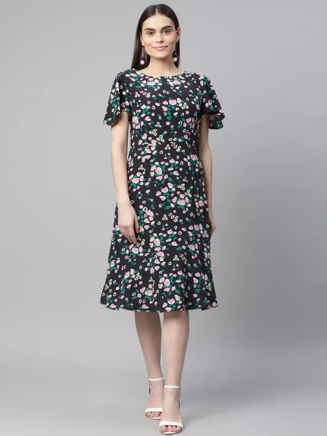 Marks Spencer Women Black Pink Floral Print A-Line Midi Dress