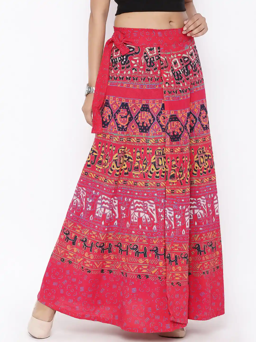 Buy SOUNDARYA Coral Red Ethnic Print Wrap-Around Maxi Skirt