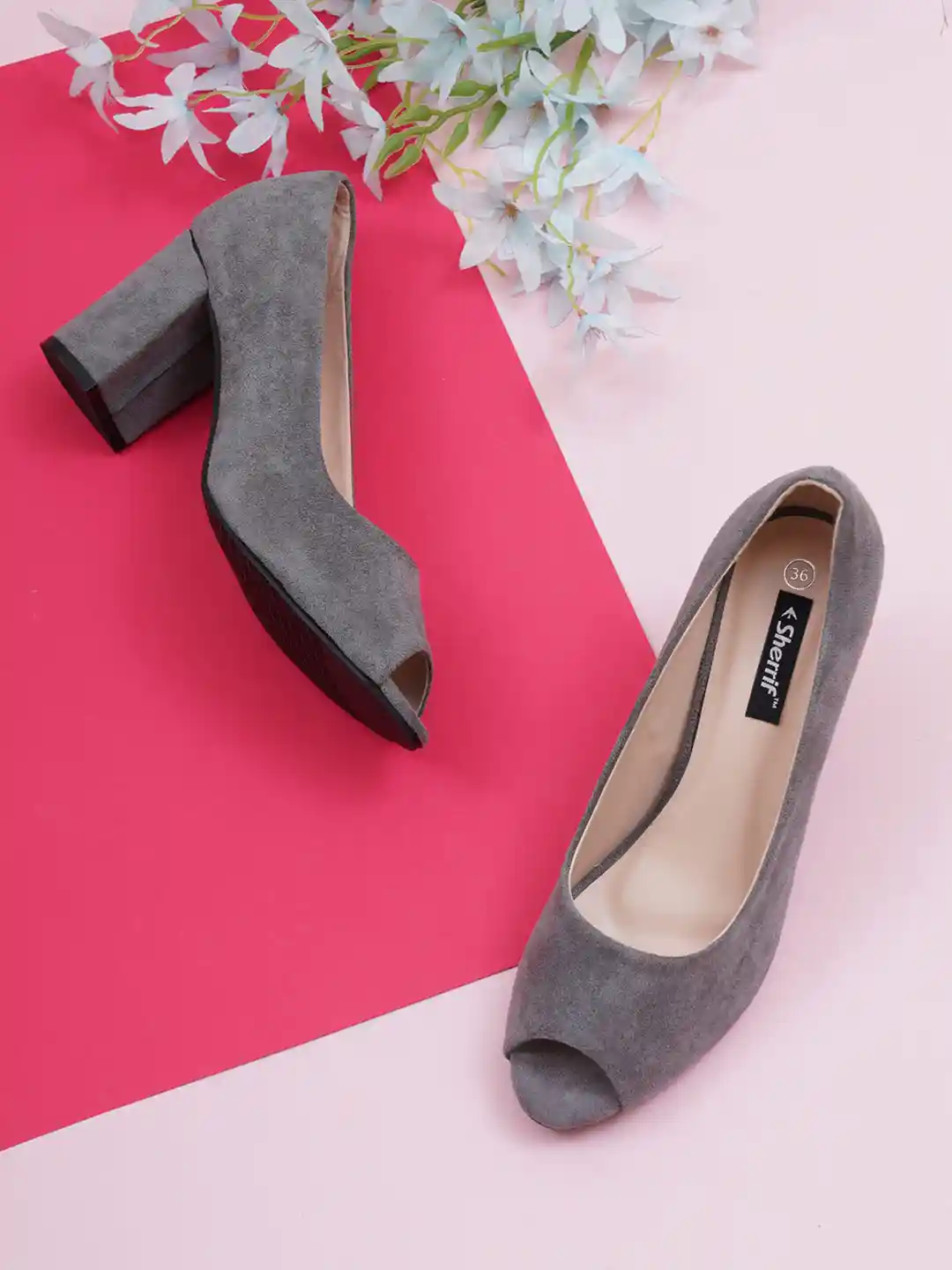 Buy Sherrif Shoes Grey Velvet Party Block Peep Toes Heels for
