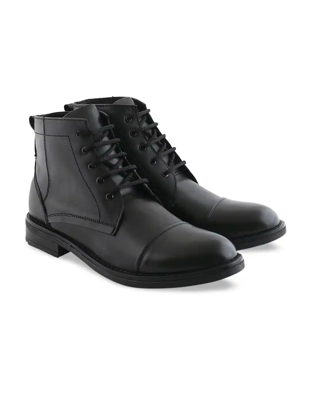 XHUGOY Men Black Solid Leather Mid -Top Lace-Up Flat Boots