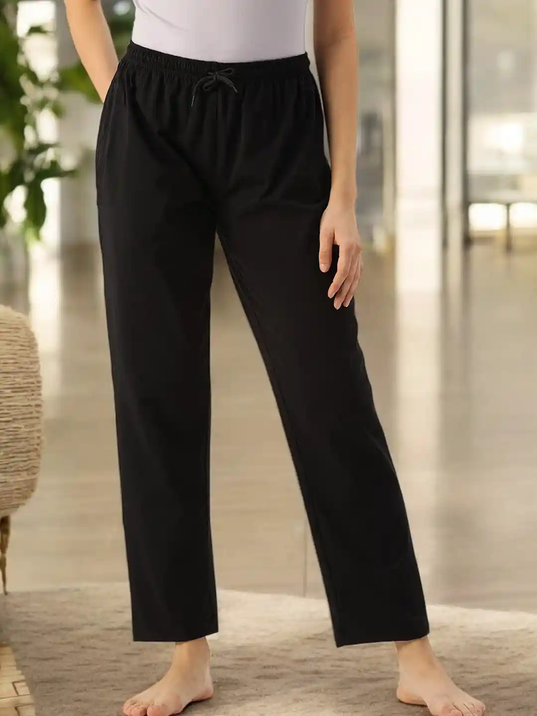 Kryptic Women Black Solid Pure Cotton Relaxed Fit Lounge Pants