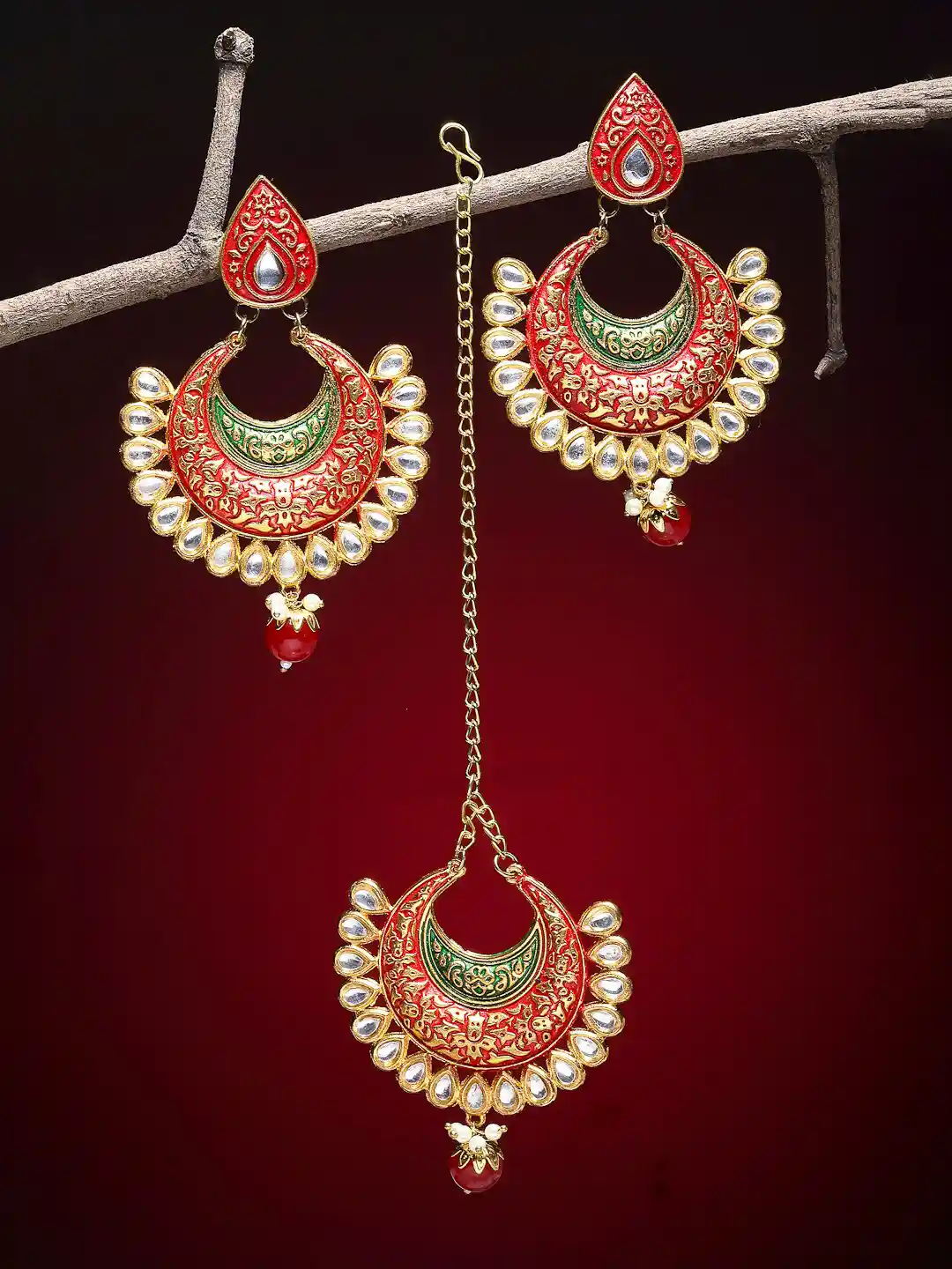 Buy Arrabi Gold-Toned Red Kundan-Studded Maang Tikka Earrings