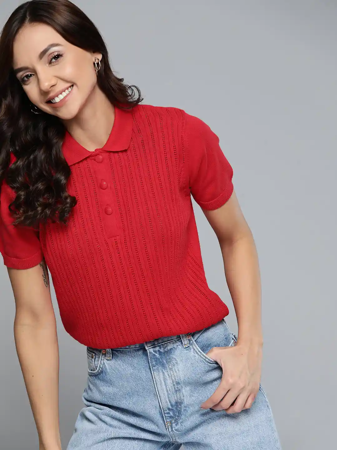Mast Harbour Women Red Self-Design Pure Cotton Polo Collar T-shirt