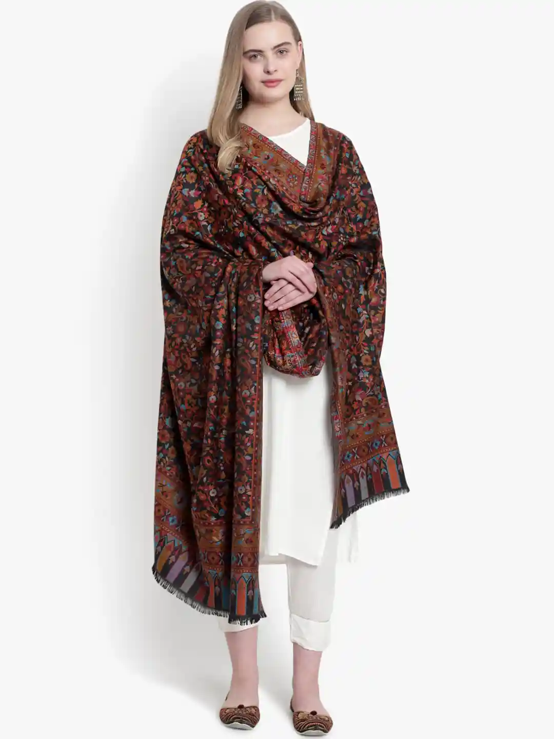Mizash Women Black Maroon Printed Woollen Shawl
