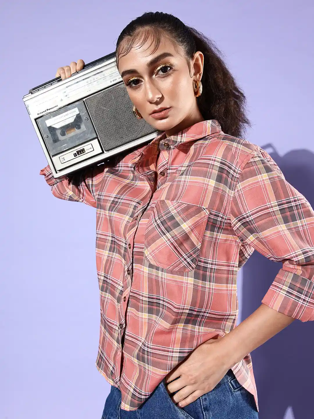 The Roadster Lifestyle Women Peach-Coloured Pure Cotton Checked Boxy  Casual Shirt