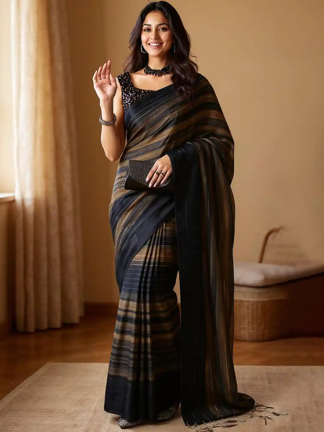 Buy Mitera Black Tan Striped Party Wear Saree Sarees for Women