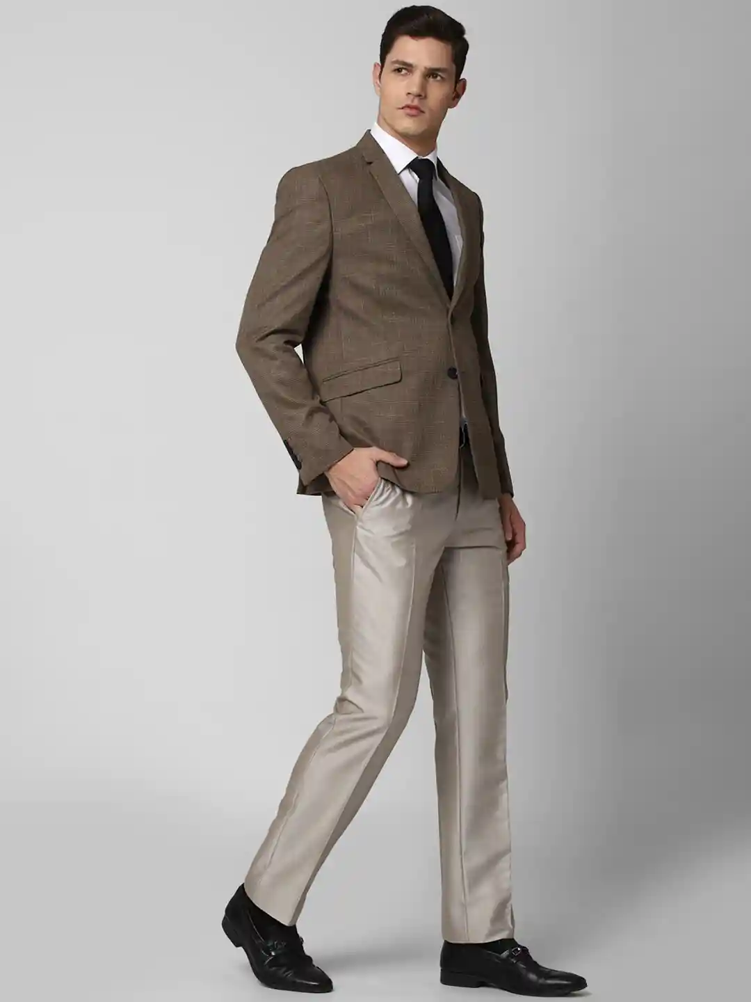 Buy Van Heusen Men Brown Self Design Slim-Fit Single-Breasted