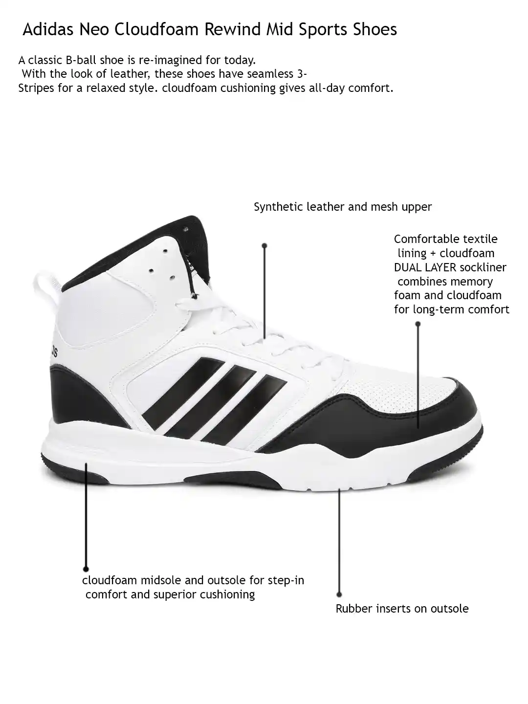 Buy ADIDAS NEO Men White Solid Cloudfoam Rewind Mid-Top Sneakers