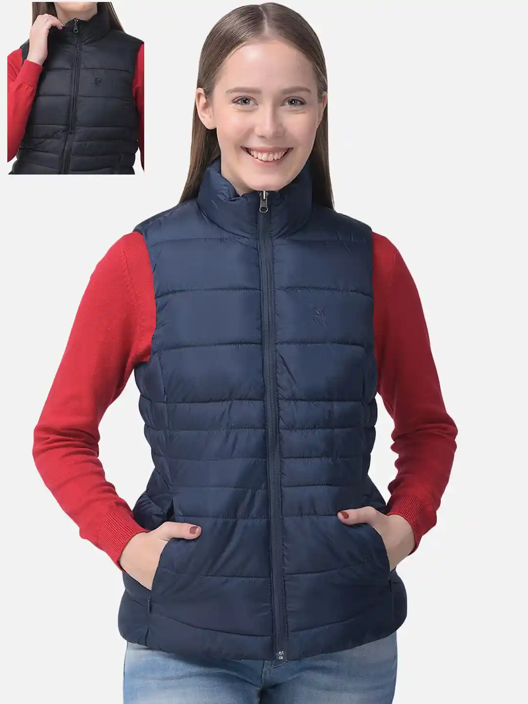 Buy Woodland Women Blue Washed Sleeveless Bomber Jacket Jackets