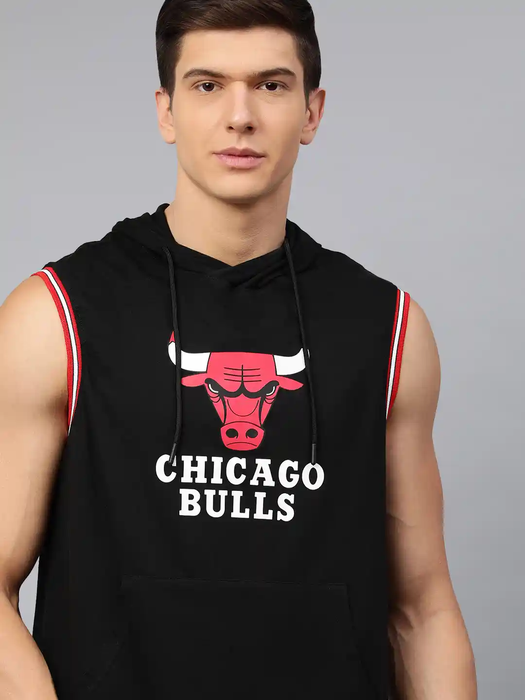 NBA Men Black Cotton Chicago Bulls Sleeveless Printed Hooded T-shirt