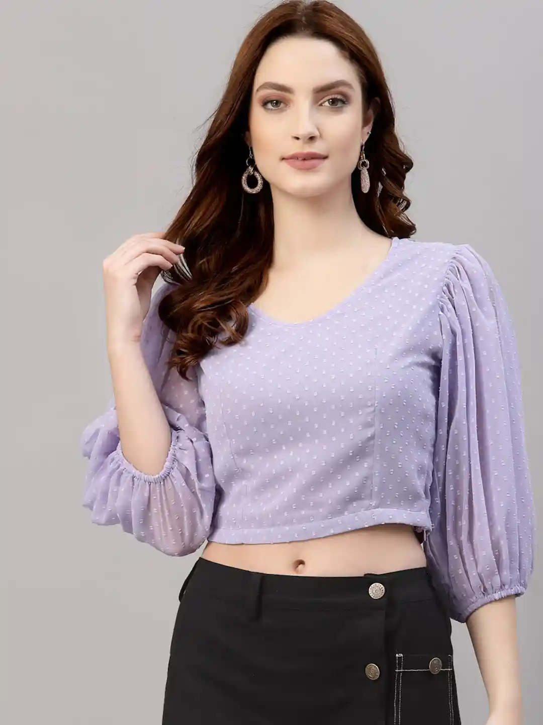 Chiffon Puff Sleeve NEUDIS Women Lavender Self Design Chiffon Puff