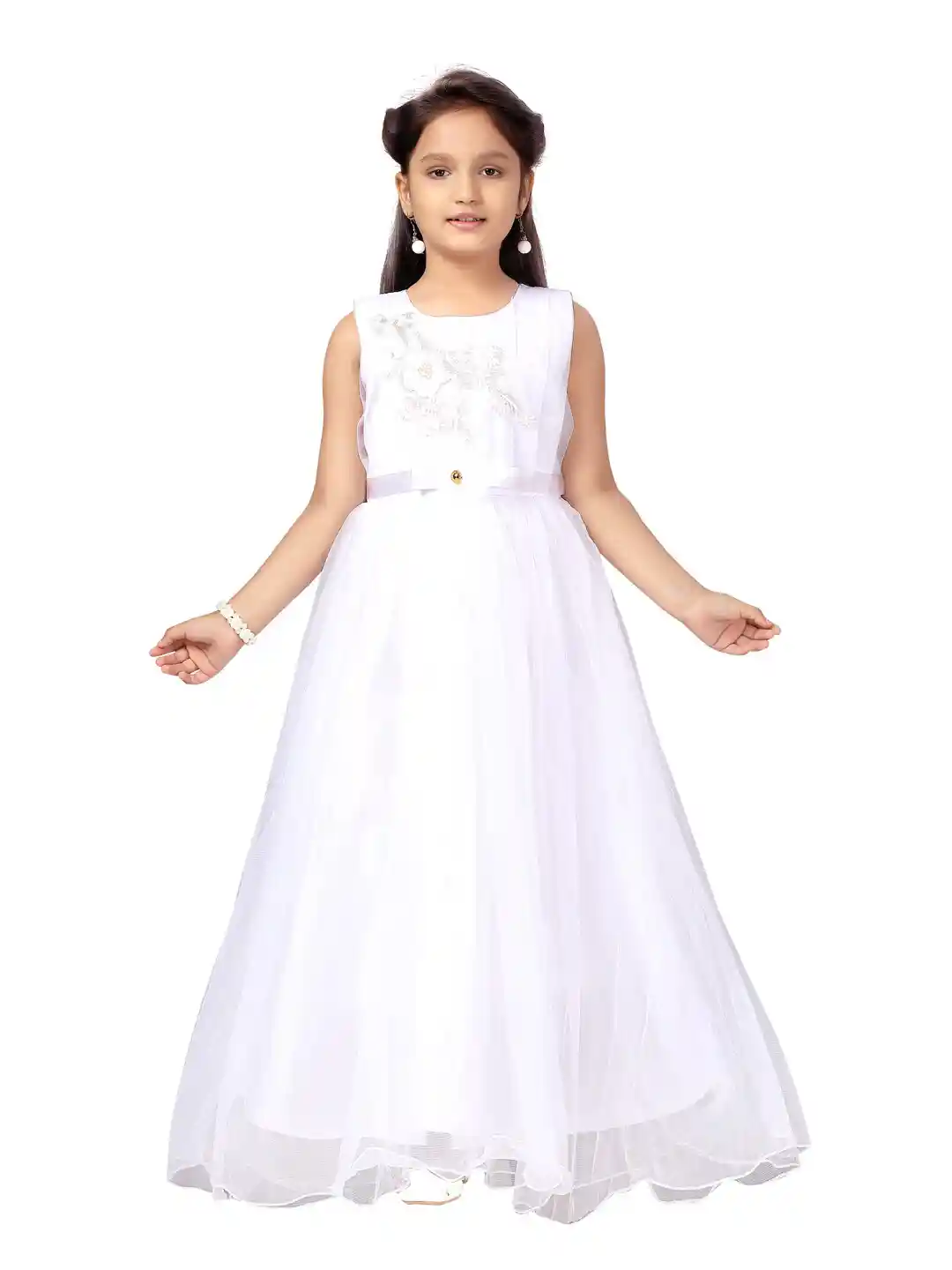 Buy Aarika Girls White Embroidery Work Net Gown Dress Dresses