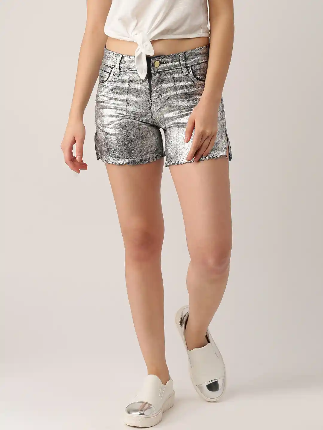 Buy DressBerry Women Silver-Toned Shimmery Denim Shorts Shorts