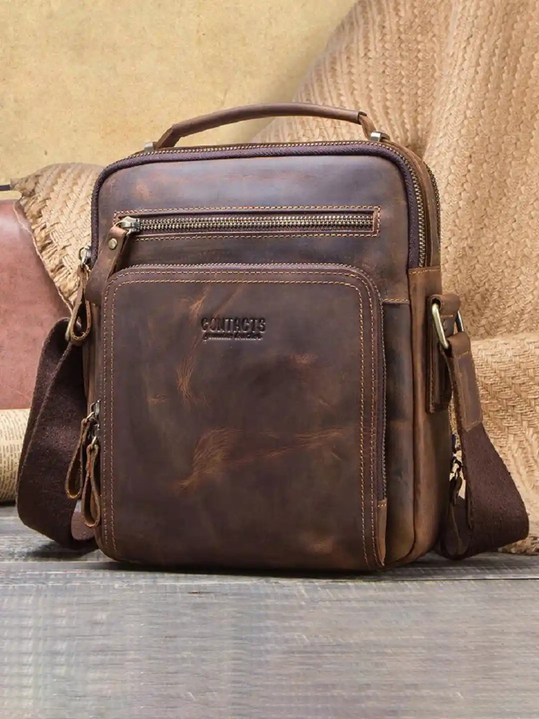Buy CONTACTS Men Brown Solid Leather Messenger Bag Messenger Bag