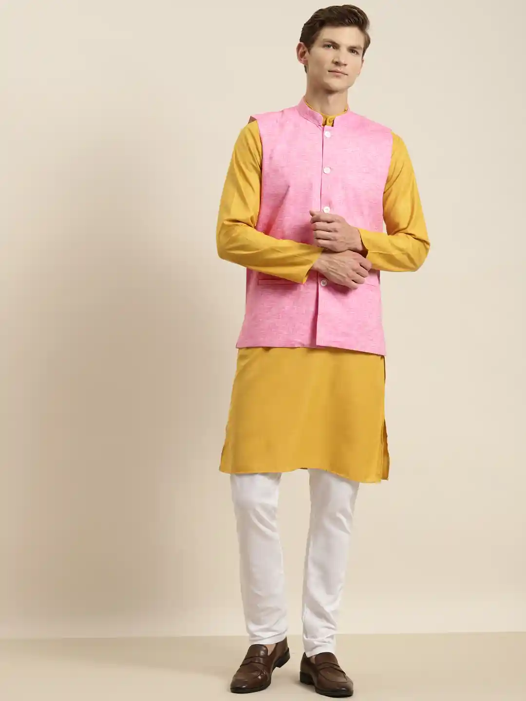 Buy SOJANYA Men Mustard Yellow Pink Kurta with Churidar Nehru
