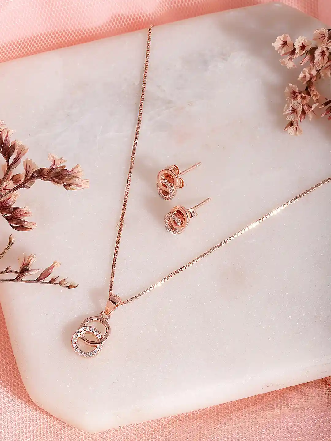 Zavya Rose Gold-Plated Off-White 925 Sterling Silver Cubic Zirconia  Jewellery Set