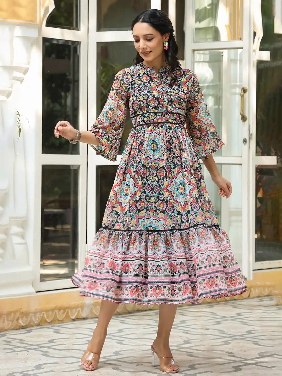 Juniper Women Stylish Black Ethnic Motifs Swirling Volume Dress