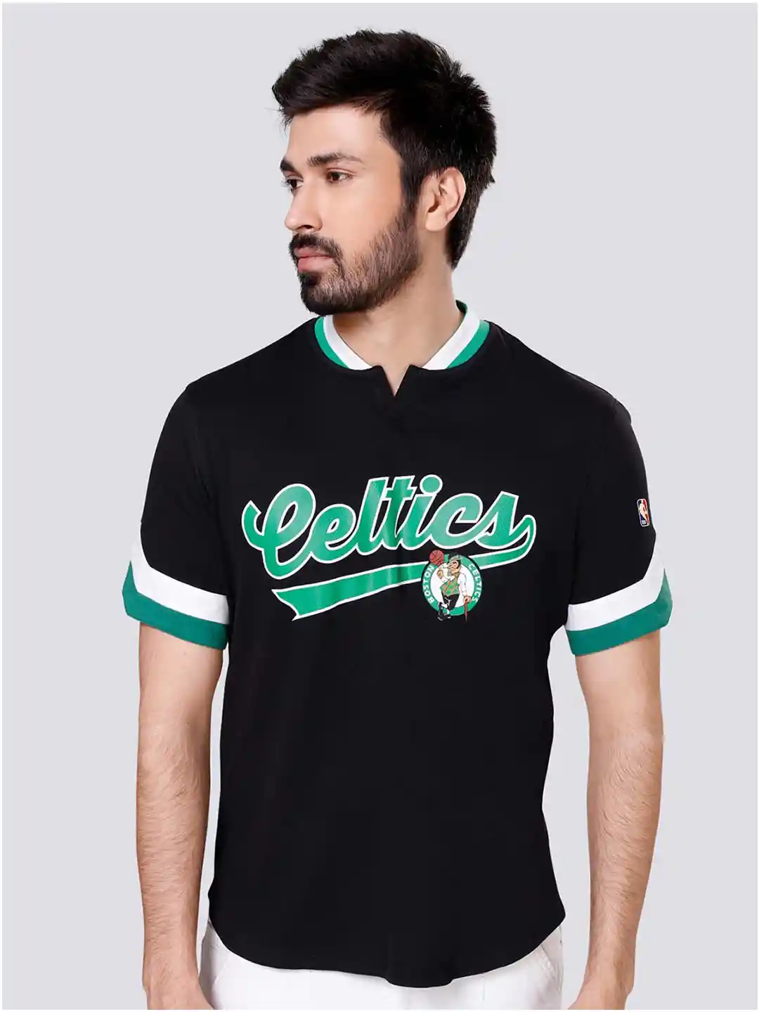 NBA Men Black Green Typography Boston Celtics Printed Henley Neck Loose  T-shirt