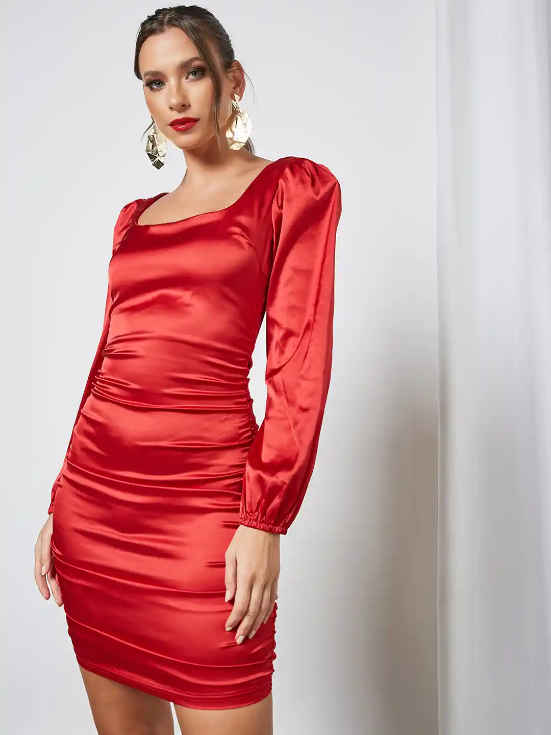 Buy Femme Luxe Red Solid Ruched Bodycon Dress Dresses for Women