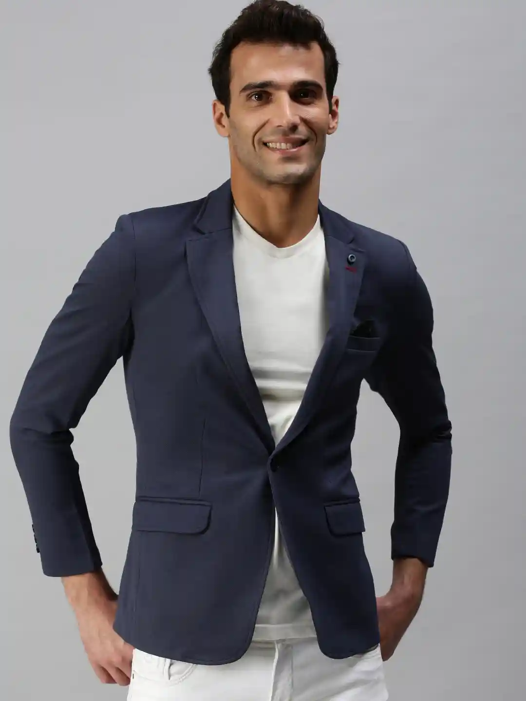 SHOWOFF Men Navy Blue Solid Slim-Fit Single-Breasted Casual Blazers
