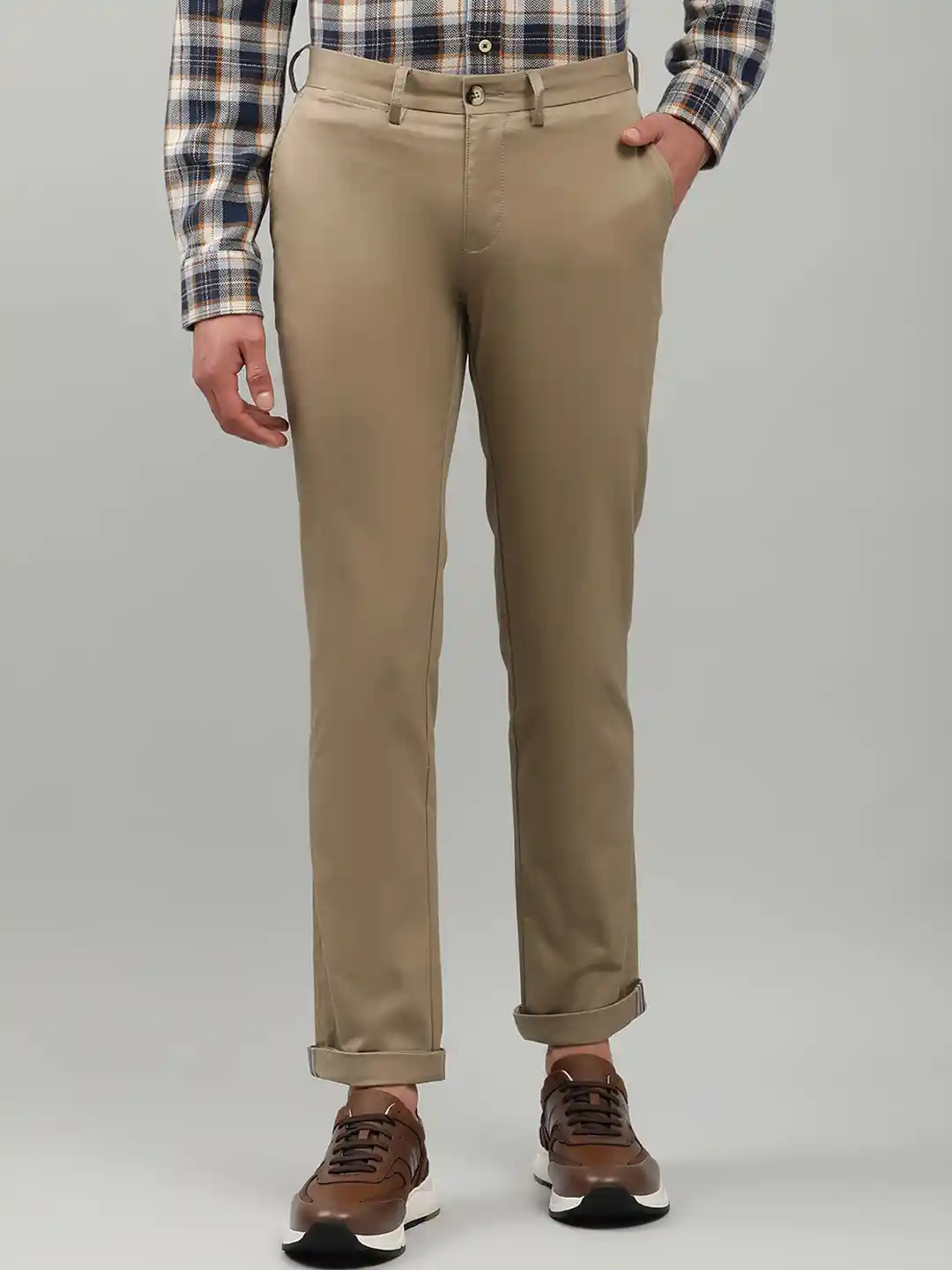 Buy BEN SHERMAN Men Khaki Solid Slim Fit Cotton Trousers