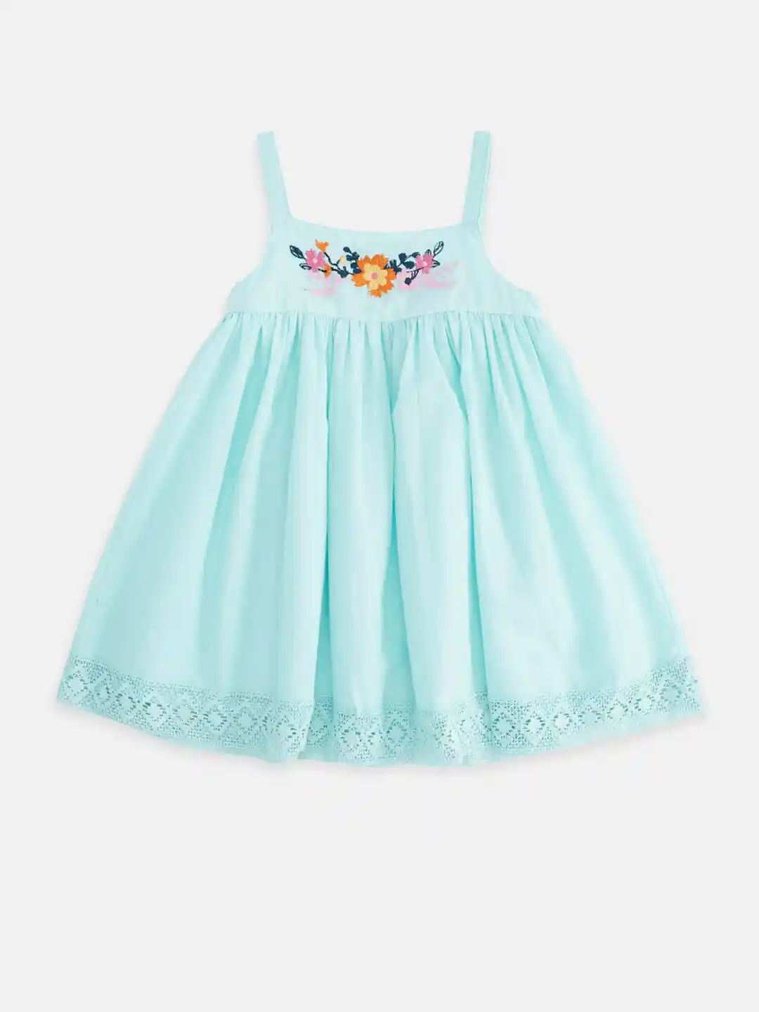 Pantaloons Baby Girls Turquoise Blue Orange Embroidered Pure Cotton  Strappy A-Line Dress