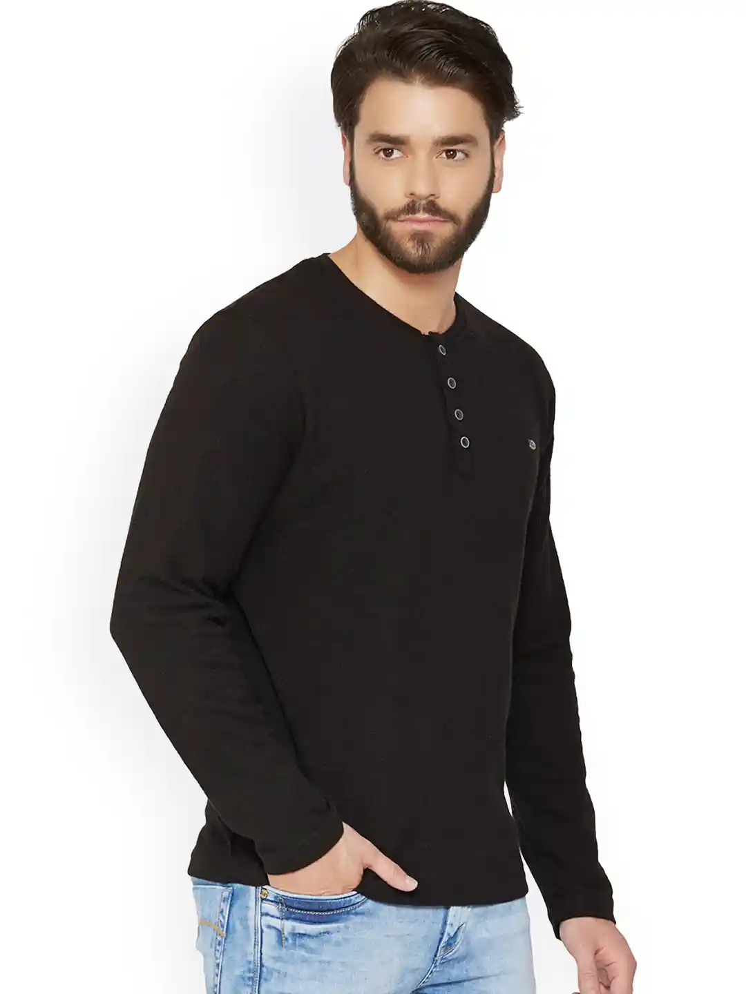 Buy Sin Men Black Solid Slim Fit Henley Neck T-shirt Tshirts for