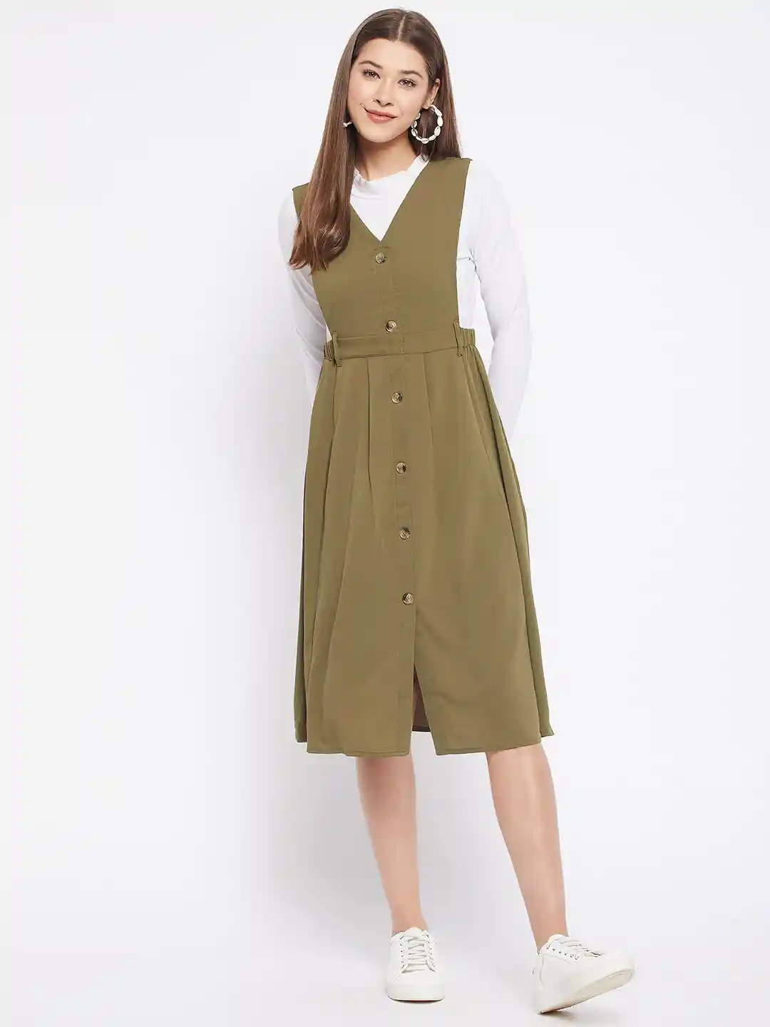 WineRed Olive Green Solid Pinafore Dress