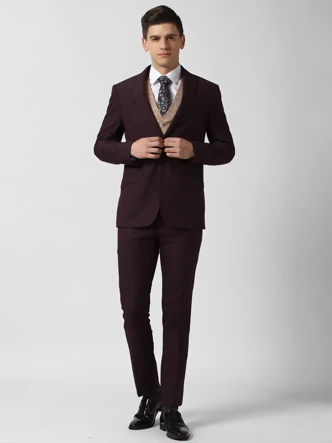 Buy Peter England Elite Men Brown Self-Design Single-Breasted