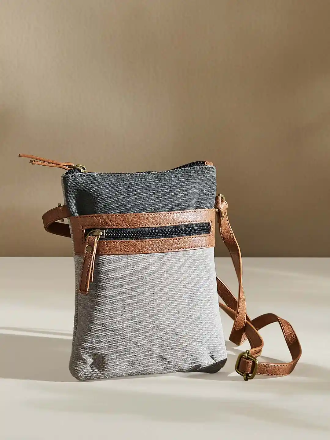 Buy Mona B Women Grey Tan Upcycled Canvas Crossbody Sling Bag - Main Image