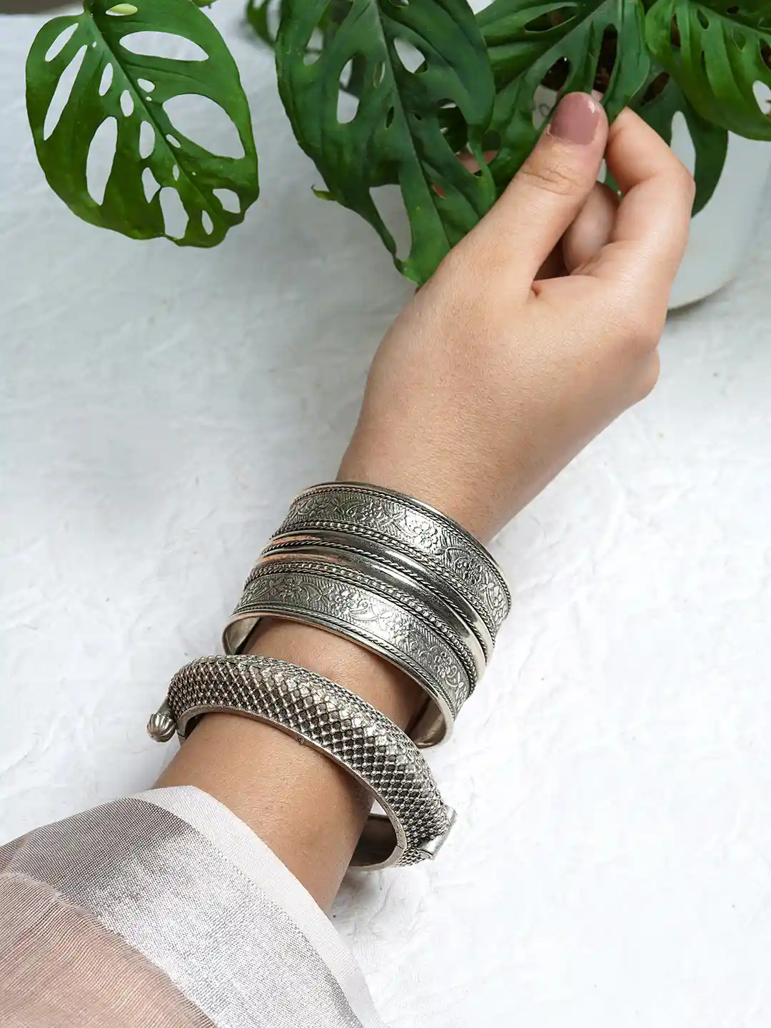 Buy TEEJH Women Set Of Silver-Plated Bangle-Style Bracelet