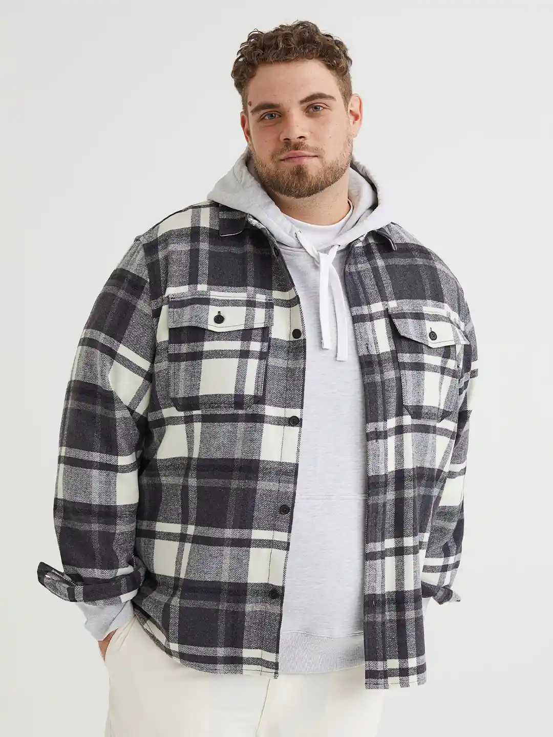 Buy H&M Men Grey White Checked Twill Overshirt Shirts for Men