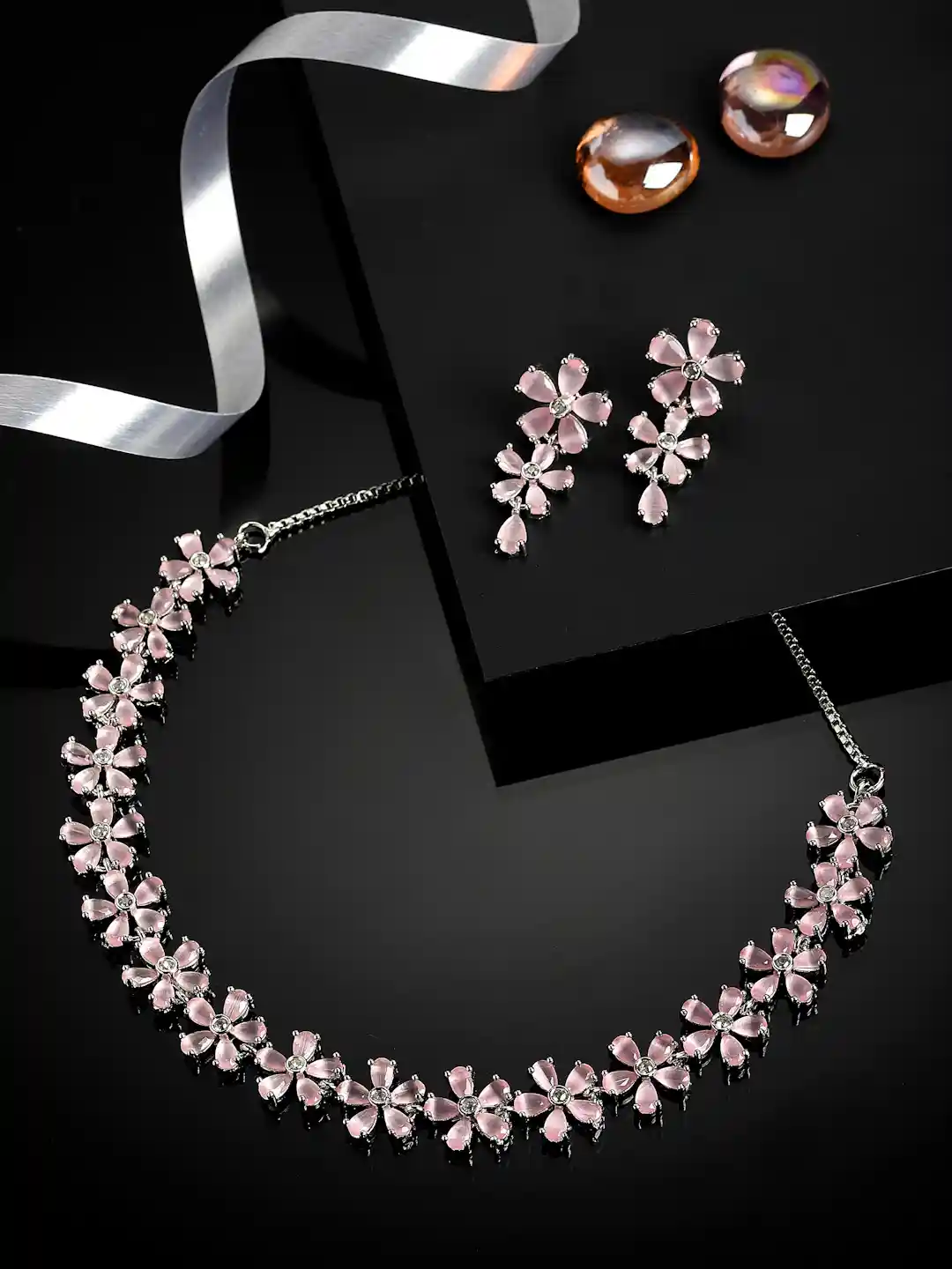 ZENEME Rhodium-Plated Pink AD-Studded Jewellery Set